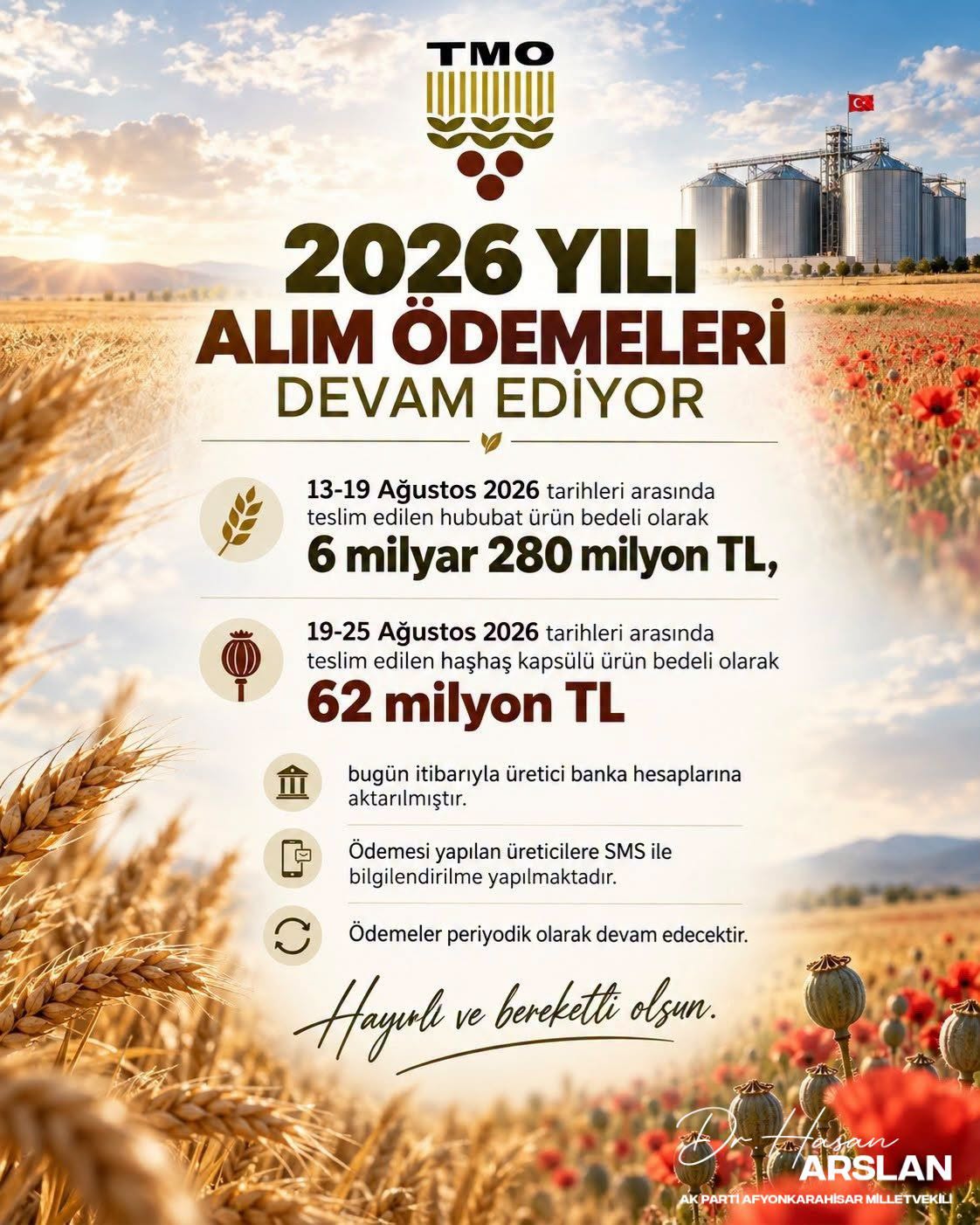 Arslan: Üreticilerimize Müjde! Emeklerinizin Karşılığı Hesaplarda