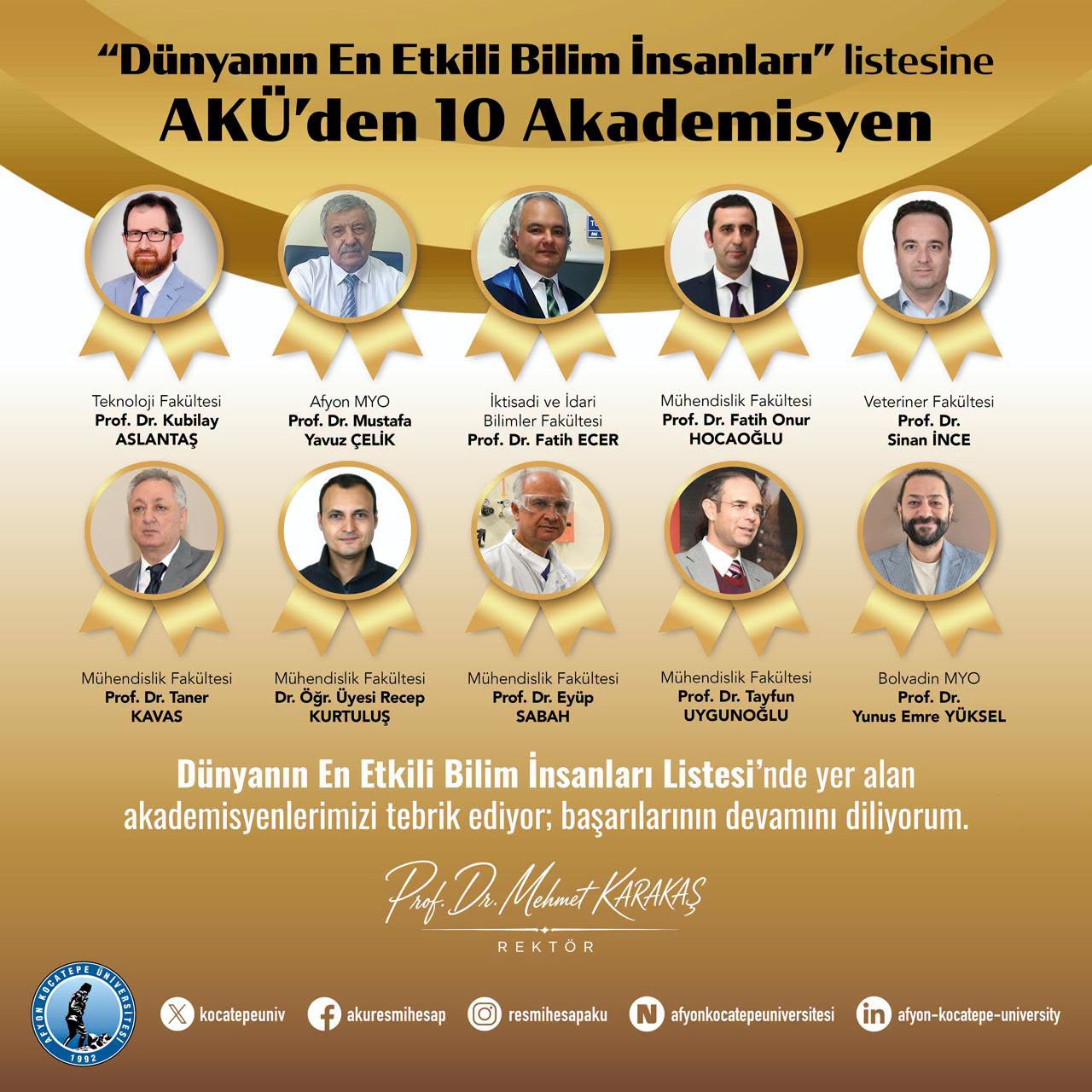 AKÜ’den 10 Akademisyen “Dünyanın En Etkili Bilim İnsanları” Listesinde
