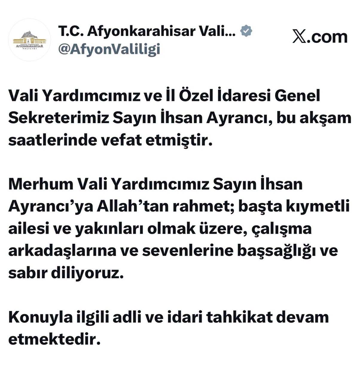VALİLİKTEN RESMİ AÇIKLAMA